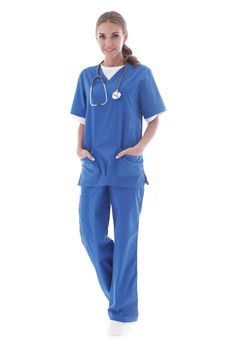 Young nurse full length portrait isolated on white background