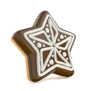 Chocolate Christmas gingerbread star decorated with white lines. 3D render illustration isolated on white background