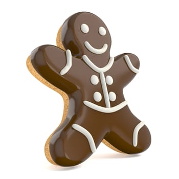 Chocolate Christmas gingerbread man decorated with white lines. 3D render illustration isolated on white background