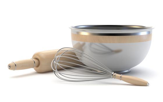 Wire whisk, wooden rolling pin and chrome bowl. 3D render illustration isolated on white background