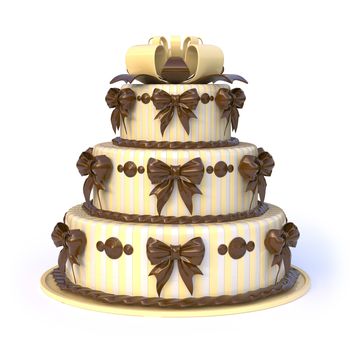 Three floors yellow cake with ribbon bows. 3D render illustration isolated on white background