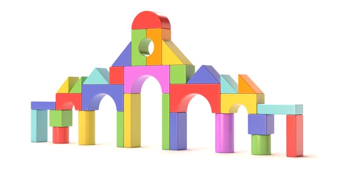 Plastic toy blocks, little castle front. 3D render illustration isolated on white background