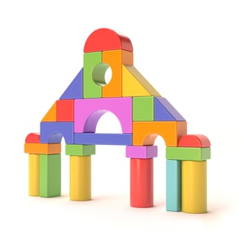 Plastic toy blocks, little castle front. 3D render illustration isolated on white background