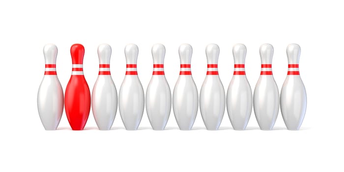 White bowling pins lined and red one. 3D render illustration isolated on white background