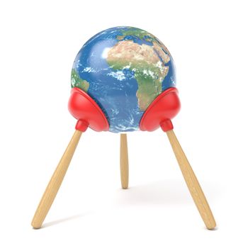 Planet Earth stand on three red kitchen plunger 3D render illustration isolated on white background. Elements of this image furnished by NASA