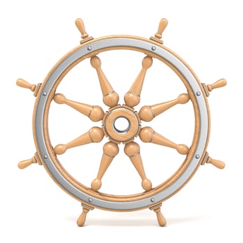 Wooden ship wheel 3D render illustration isolated on white background