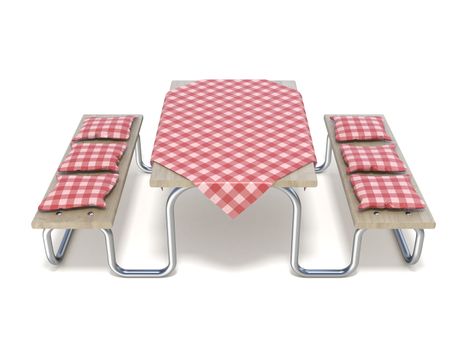Picnic table with red table cover and pillows. 3D render illustration isolated on white background
