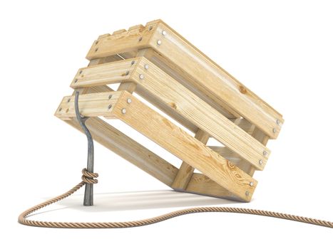 Trap made of wooden crate and rope tide to stick 3D render illustration isolated on white background