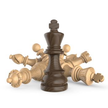 Black wooden king standing over fallen wooden white chess pieces 3D render illustration isolated on white background