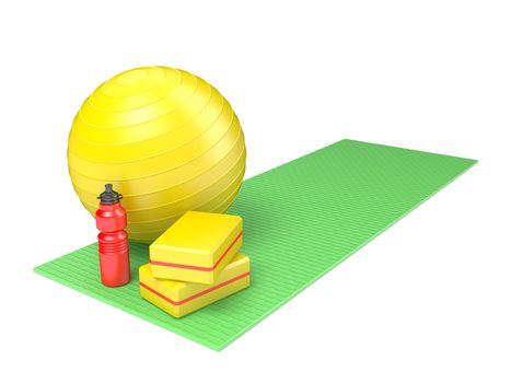 Fitness ball, gym block and plastic water bottle on green yoga mat. Side view. 3D render illustration isolated on white background