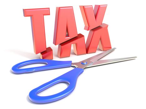 Scissors cut word TAX 3D render illustration isolated on white background
