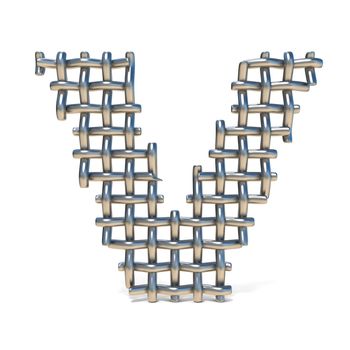 Metal wire mesh font LETTER V 3D render illustration isolated on white background