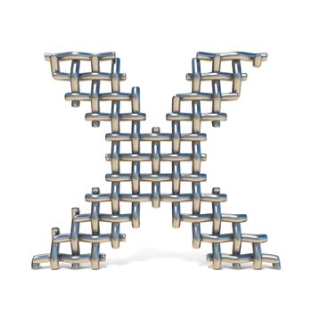 Metal wire mesh font LETTER X 3D render illustration isolated on white background