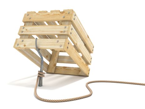 Trap made of wooden crate and rope tide to stick 3D render illustration isolated on white background