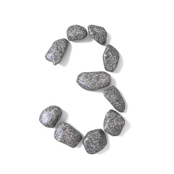 Font made of rocks NUMBER three 3 3D render illustration isolated on white background