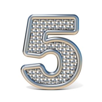 Outlined metal wire mesh font Number 5 FIVE 3D render illustration isolated on white background