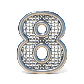 Outlined metal wire mesh font Number 8 EIGHT 3D render illustration isolated on white background