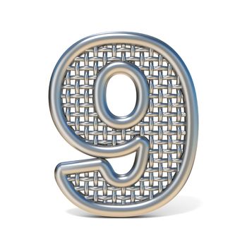 Outlined metal wire mesh font Number 9 NINE 3D render illustration isolated on white background