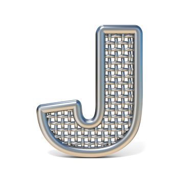 Outlined metal wire mesh font LETTER J 3D render illustration isolated on white background