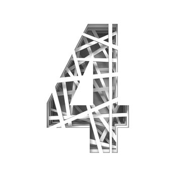 Paper cut out font number FOUR 4 3D render illustration isolated on white background
