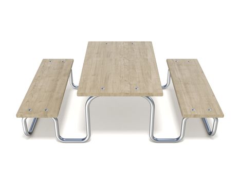 Wooden picnic table 3D render illustration isolated on white background
