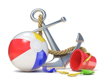 Steel anchor, beach ball and saving belt 3D render illustration isolated on white background