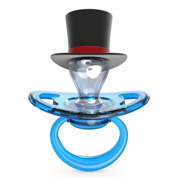 Blue baby pacifier with gentleman hat Baby BOY symbol 3D render illustration isolated on white background