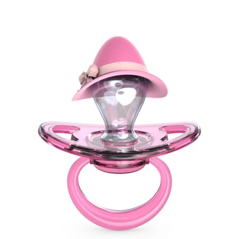 Pink baby pacifier with lady hat Baby GIRL symbol 3D render illustration isolated on white background
