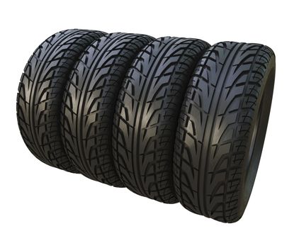 Group black tires, isolated on white background. 3d illustration