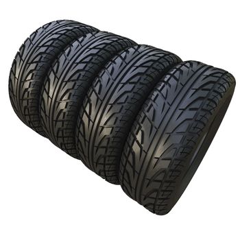 Group black tires, isolated on white background. 3d illustration