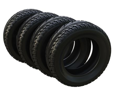 Group black tires, isolated on white background. 3d illustration