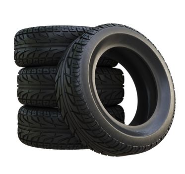 Group black tires, isolated on white background. 3d illustration