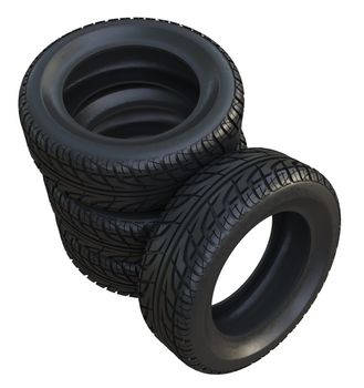 Group black tires, isolated on white background. 3d illustration