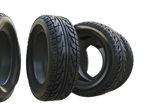 Group black tires, isolated on white background. 3d illustration