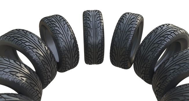 Group black tires, isolated on white background. 3d illustration