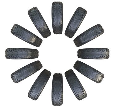 Group black tires, isolated on white background. 3d illustration