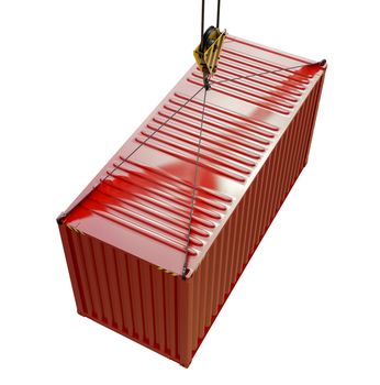 Service delivery - red cargo container hoisted by hook. 3D rendering