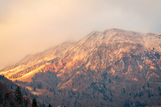 awesome view of the Orobie Alps at sunset, north Alps autumn / winter, the mountain is a little snow-covered ,Oltre il Colle,Seriana Valley,Bergamo Italy.