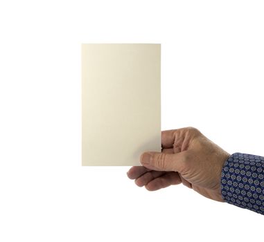 Hand holding blank plain paper isolated on white background