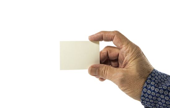 Hand holding blank plain white business card design isolated on white background