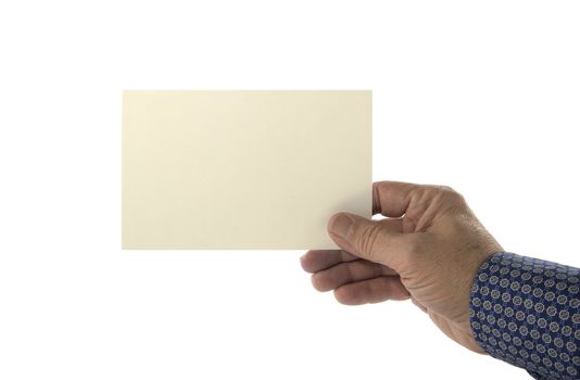 Hand holding blank plain paper isolated on white background