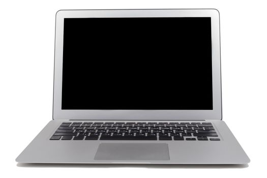 Slim silver laptop with blank black screen isolated on white background
