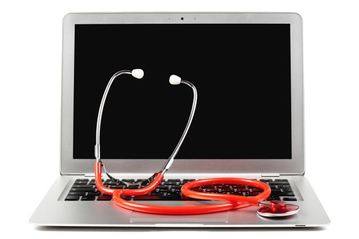 silver laptop diagnosis with black screen and red stethoscope  isolated on white background