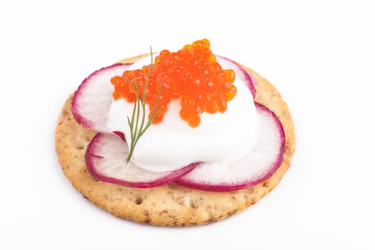 Red caviar on white chees  apetiser on white background