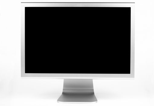 Silver computer monitor front view wth white screen isolated on white