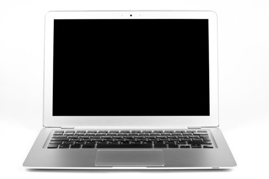 Thisn silver laptop open with black blanc screen isolated on white background