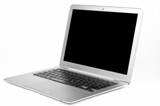 Thin silver laptop open with black blanc screen isolated on white background