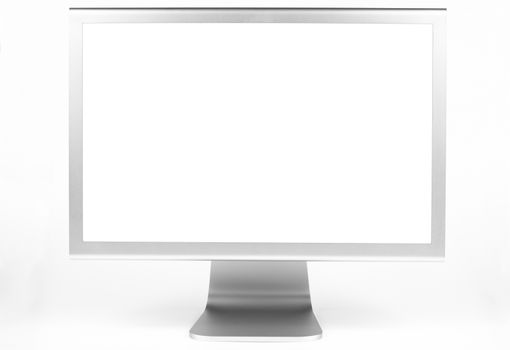 Silver computer monitor front view wth white screen isolated on white