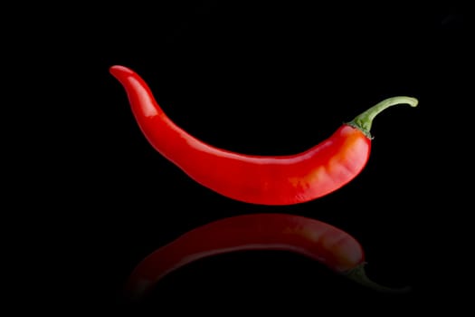 Red chili pepper isolated on black background with reflection