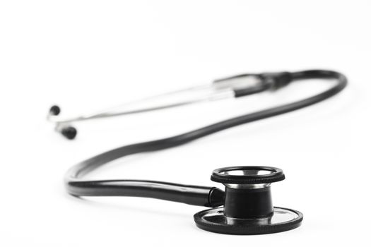 black stethoscope front view close-up isolated on white background